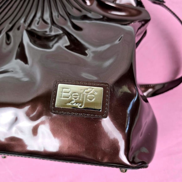 Beijo Luxe Metallic Bronze Patent Pleated Satchel Handbag Crossbody Bag Large - Picture 4 of 16